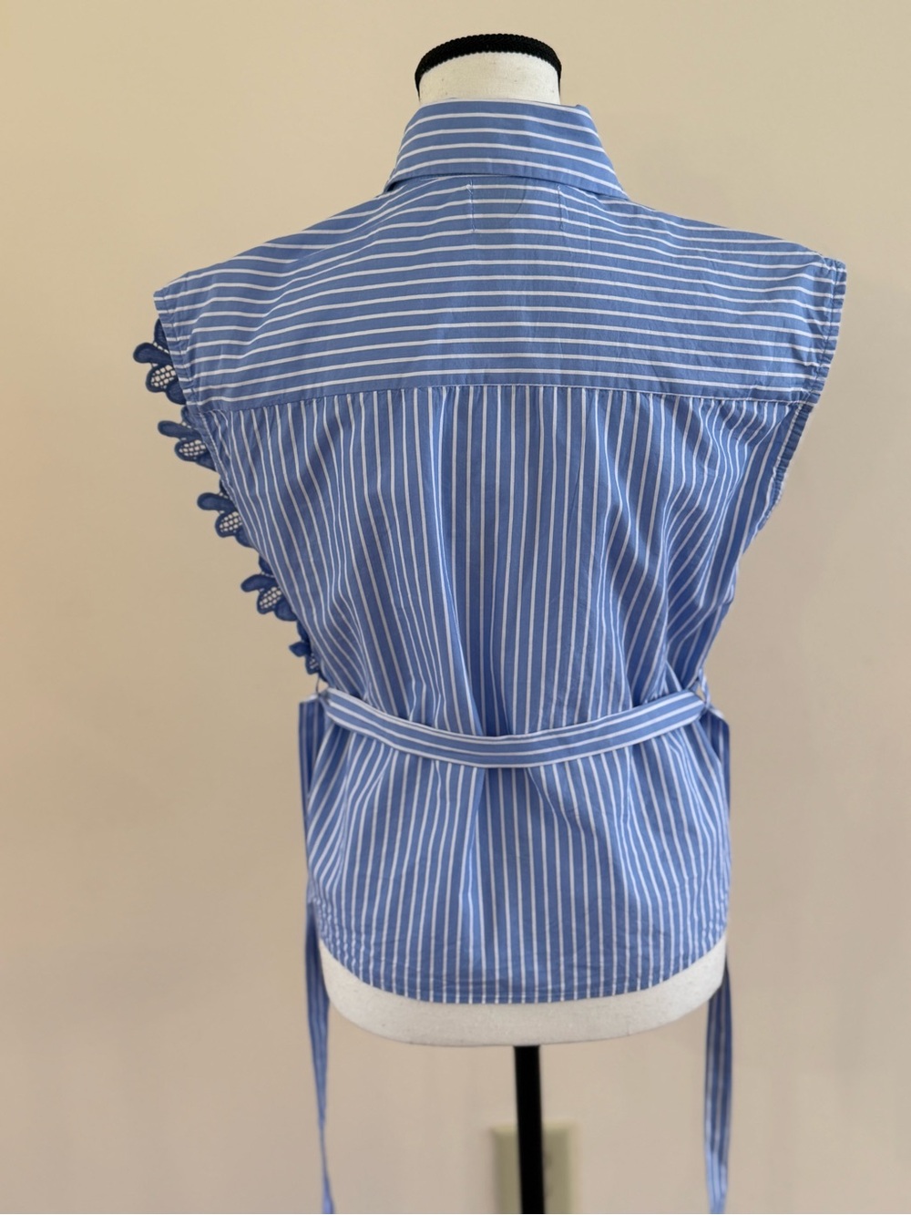 Blue Striped Button-Up Shirt with Lace Appliqué and Tie Waist size Small - Picture 5 of 7